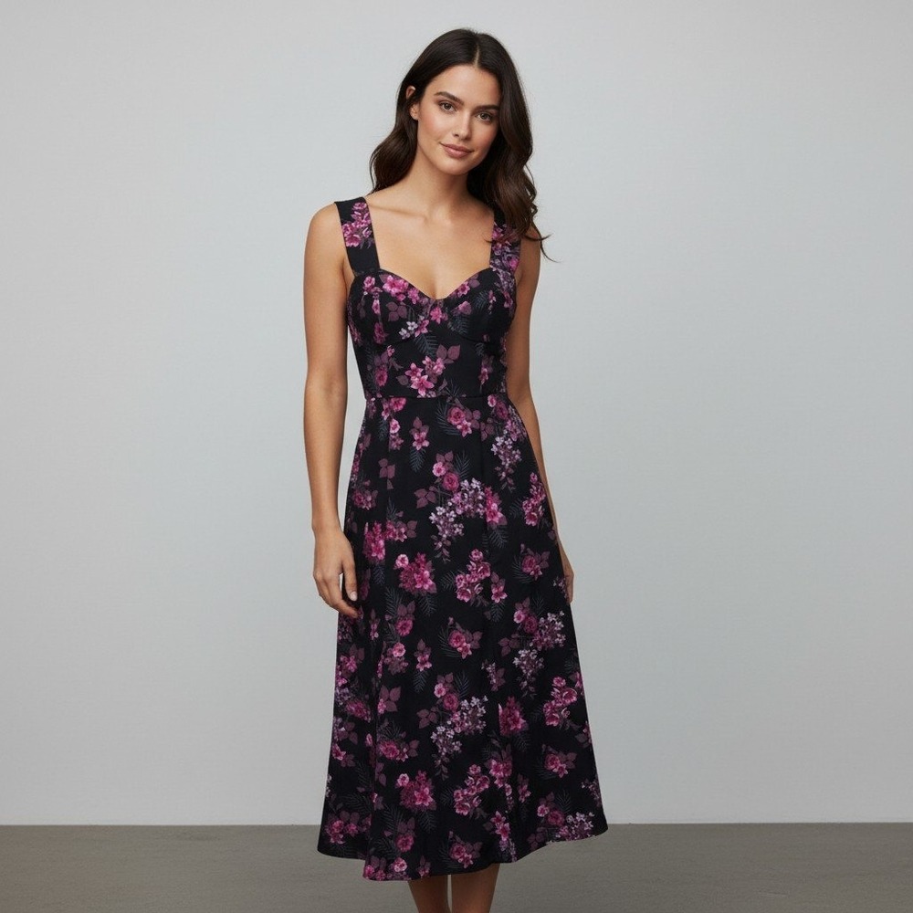 Hutch Black Pink Floral Sweetheart Midi Dress Size 2 Sleeveless A-Line